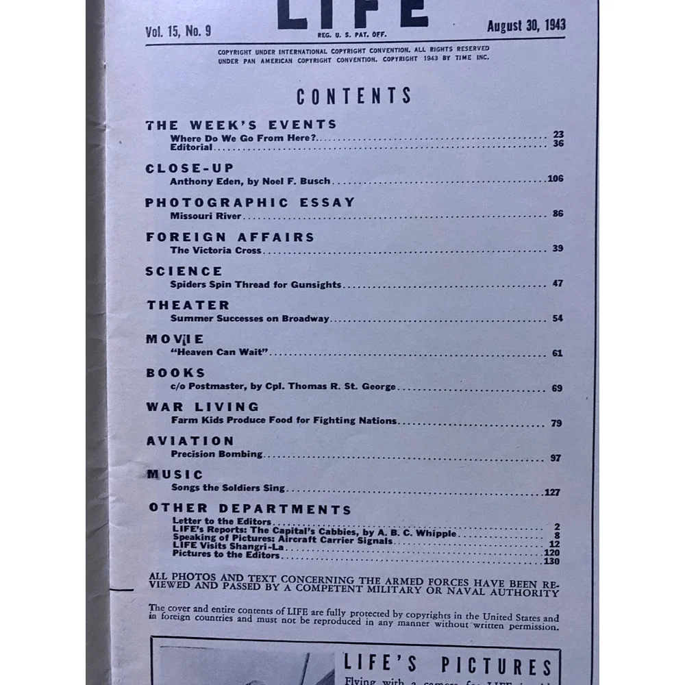 LIFE Magazine August 30 1943 Anthony Eden and Dog Nipper WWII Cover Vintage